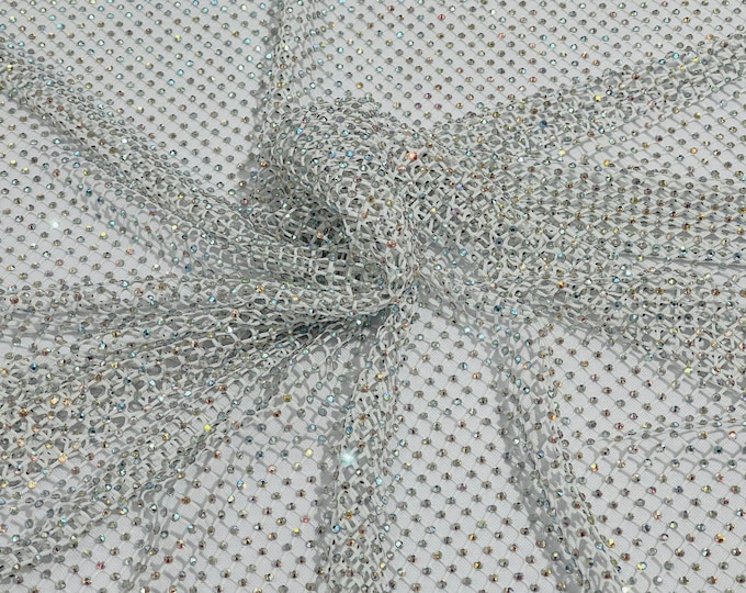 Iridescent Rhinestones Fabric On White Stretch Net Fabric, Spandex Fish Net with Crystal Stones sold by the yard