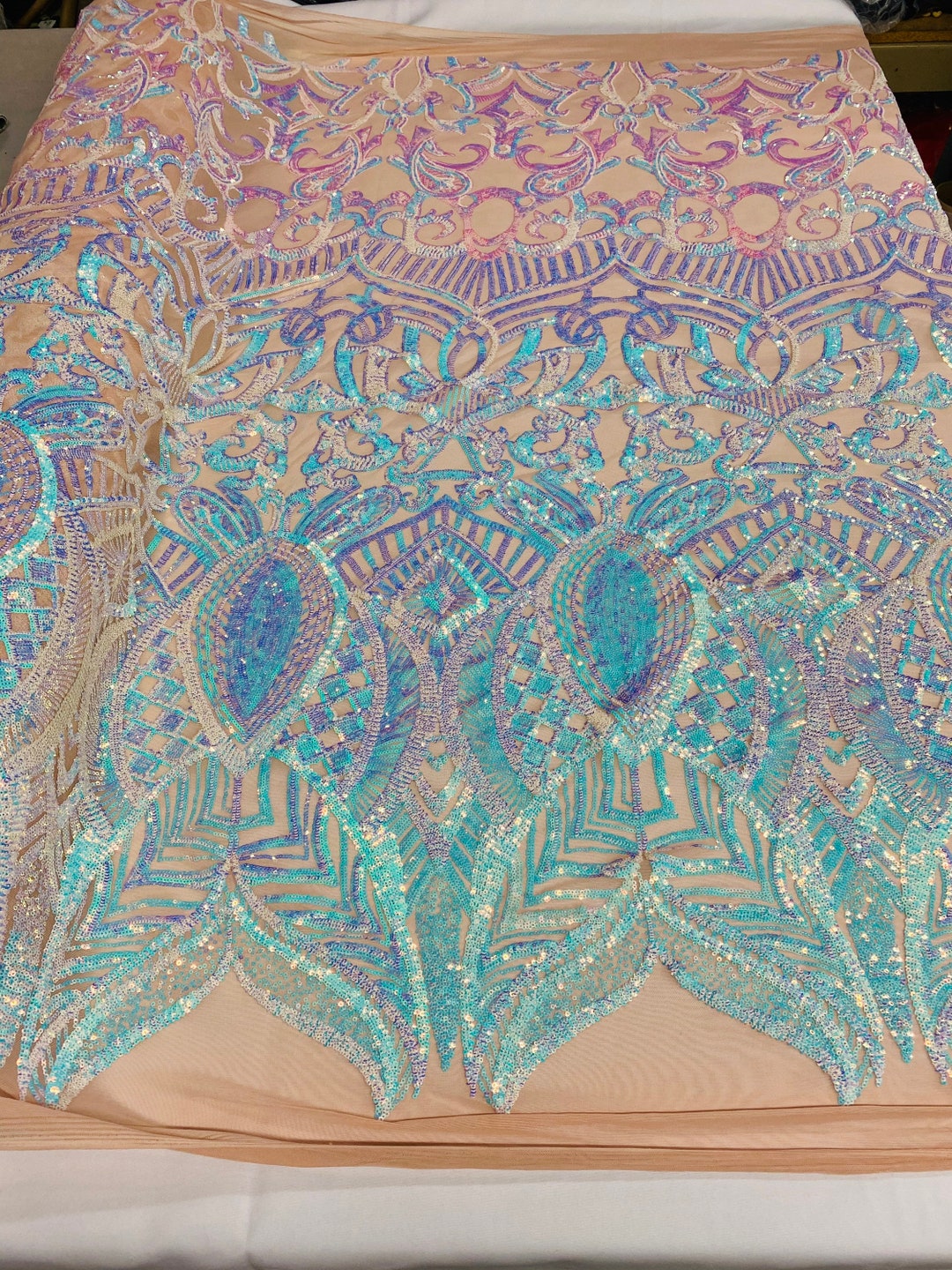 Iridescent Aqua Sequin Fabric, Royalty Design Embroidered With Sequin ...