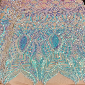 Iridescent Aqua Sequin Fabric, Royalty Design Embroidered With Sequin on a 4 Way Stretch Sequin Fabric Mesh-Prom-Gown By The Yard