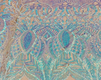 Iridescent Aqua Sequin Fabric, Royalty Embroidered Mesh, 4-Way Stretch