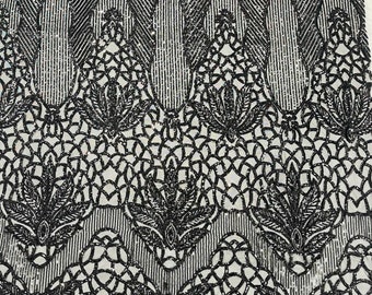 Black Sequin Fabric: Floral Damask 4-Way Stretch Spandex Lace