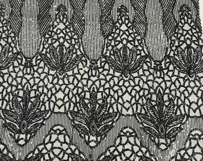 Black Sequin Fabric | Floral Damask Design on a 4 Way Stretch | Sequins Lace | Spandex Fabric For Prom-Gown By The Yard