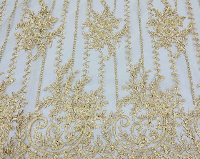 Gold Floral Lace Fabric, Embroidery on a Mesh Lace Fabric For Gown, Wedding-Bridal-Dress By The Yard