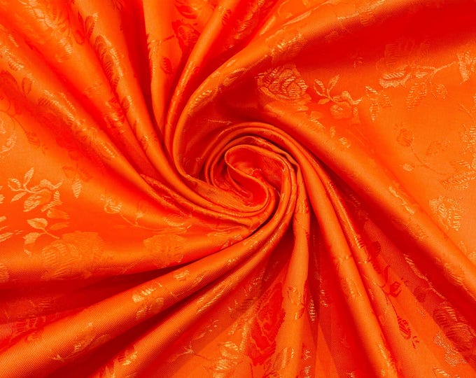 Neon Orange Floral Brocade Jacquard Satin Fabric - 58/60" Wide by the yard
