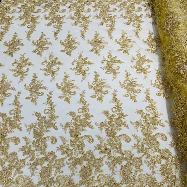 Metallic Gold Bridal Wedding Floral Lace Fabric - by the yard - Embroidery With Sequins on a Mesh Lace Fabric For Gown