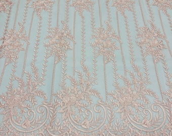 Blush Pink Floral Lace Fabric: Embroidered Mesh, Scalloped Edge - Bridal Gown