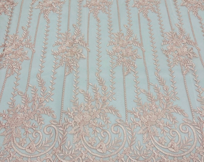 Blush Pink Floral Lace Fabric, Embroidery on a Mesh Lace Fabric For Gown, Wedding-Bridal-Dress By The Yard