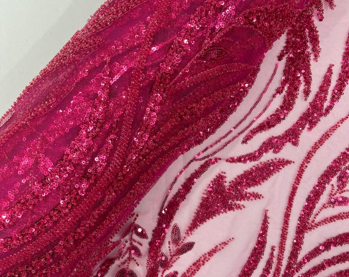 Fuchsia Beaded Lace Fabric: Embroidered Leaf Pattern, Bridal Wedding Fabric