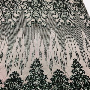 Hunter Green Sequin Lace Fabric: Damask Embroidered Mesh, 4-Way Stretch - By The Yard