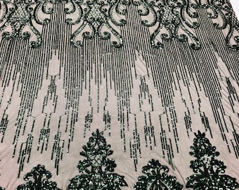Hunter Green Sequin Lace Fabric: Damask Embroidered Mesh, 4-Way Stretch - By The Yard