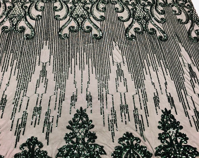 Hunter Green Sequins Lace Fabric On Mesh Damask Design Embroidered On 4 way Stretch Sequin By The Yard -Prom-Gown ( Choose The Size )