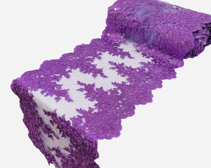 Lavender Metallic Floral Lace Fabric For Runner by the yard, 15" Wide Metallic Corded Lace Embroidery With Sequins on a Mesh Lace Fabric