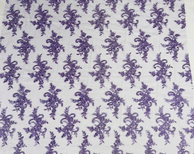 Lilac Floral Lace Fabric, by the yard Embroidery With Sequins on a Mesh Lace Fabric For Wedding-Bridal