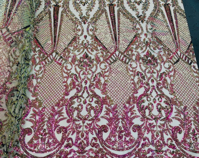 Sequin Iridescent Lace Fabric by the yard - DAMASK Design Embroidered on white Mesh 4 way Stretch Sequins-Prom-Gown