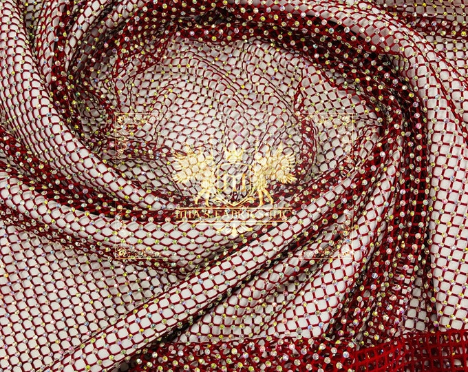 Iridescent Rhinestones Fabric On Burgundy Stretch Net Fabric, Spandex Fish Net with Crystal Stones sold by the yard
