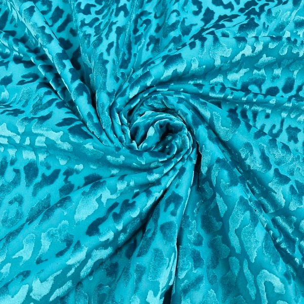 Teal Leopard Design With Glitter, Burnout Velvet 4 Way Stretch 58/60” Sold by the yard (Pick a Size)