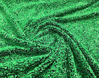 Green Sequin on Hunter Green Stretch Velvet With Sequins all Over 5mm Sequins 2-way Stretch 58/60” (Choose The Quantity)