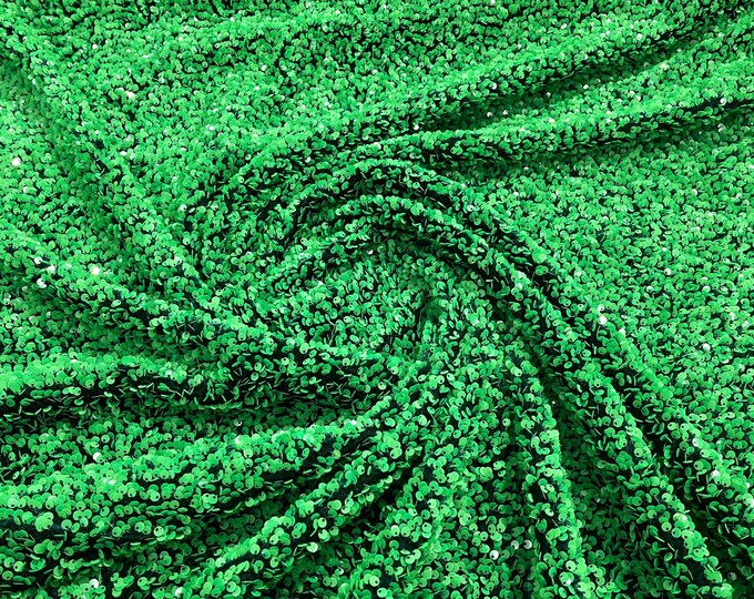 Green Sequin on Hunter Green Stretch Velvet With Sequins all Over 5mm Sequins 2-way Stretch 58/60” (Choose The Quantity)