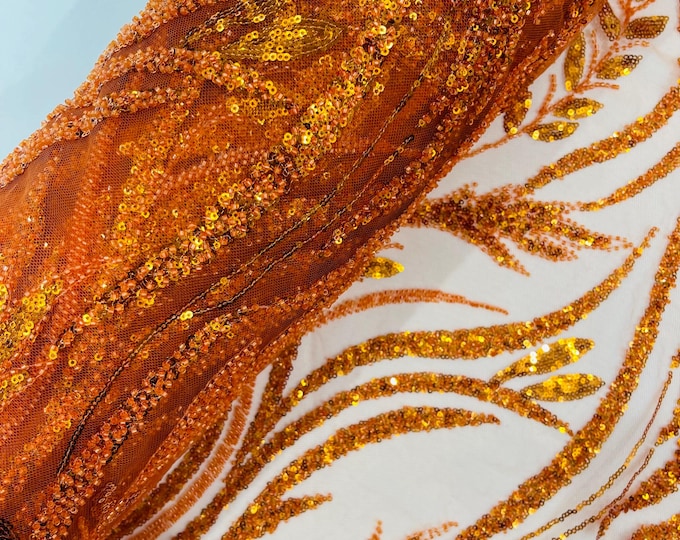 Burnt Orange Beaded Lace Fabric: Embroidered Leaf Pattern, Bridal Wedding Fabric