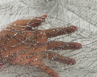 Silver Glitter Mesh, Glitter Tulle Lace Fabric: White Mesh Bridal, Prom, Quinceañera Decor