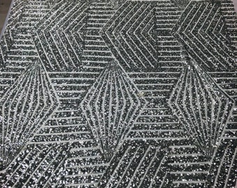 Silver Geometric Design On White Mesh-Prom-Gown, 2 Way Stretch Sequin Fabric By The Yard