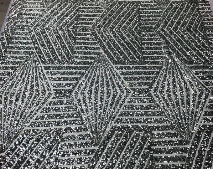 Silver Geometric Design On White Mesh-Prom-Gown, 2 Way Stretch Sequin Fabric By The Yard