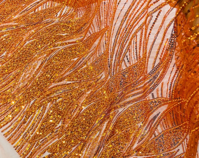 Rust Orange Beaded Lace Fabric: Embroidered Mesh, Bridal Wedding Dress - Sold By The Yard