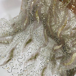 Lt Gold/Silver Mesh Embroidery Beaded Fabric By The Yard With Sequin Fabric, Sequin on a Mesh Fabric, Handmade Lace, Beads on a Mesh
