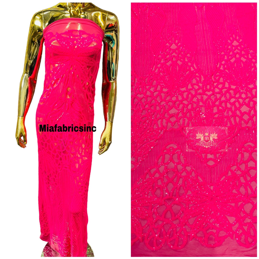 Neon Pink Sequin Fabric Floral Damask Design on a 4 Way Stretch Sequins