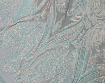 Aqua Blue Iridescent Sequin Fabric - by the yard - on Light Blue Power Mesh, Big Damask Design 4 Way Stretch Sequins Fabric Prom-Gown