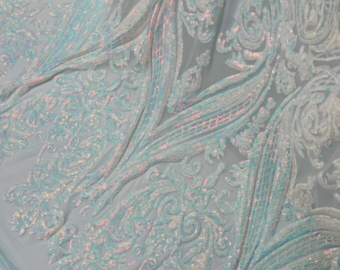 Aqua Blue Iridescent Sequin Fabric - by the yard - on Light Blue Power Mesh, Big Damask Design 4 Way Stretch Sequins Fabric Prom-Gown
