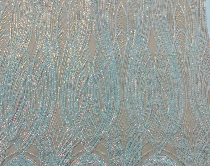 Aqua iridescent #2 Sequins Fabric | Nude Mesh 4Way Stretch Fancy Big Damask Design Sequins on Spandex Mesh Prom Gala Gown Fabric By The Yard