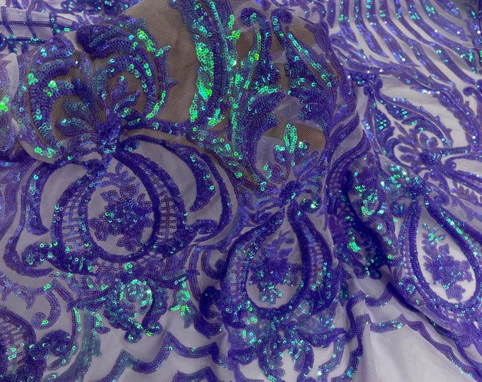 Lavender Iridescent Sequin Damask Selena Design on a 4 Way Stretch Sequin Lace Mesh - Prom Gala Gown Fabric, Lavender Sequins Fabric By Yard