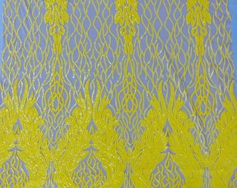 Yellow Sequin Fabric on Nude Mesh - Damask Design 4 Way Stretch Iridescent Sequins Fabric (Pick a Size) by the yard