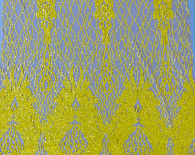 Yellow Sequin Fabric on Nude Mesh - Damask Design 4 Way Stretch Iridescent Sequins Fabric (Pick a Size) by the yard