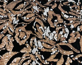 Champagne/White Sequins Flip Two Tone, Floral Design on Black Stretch Velvet By The Yard