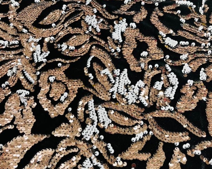 Champagne/White Sequins Flip Two Tone, Floral Design on Black Stretch Velvet By The Yard