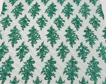 Hunter Green Floral Sequin Embroidery Lace Fabric - Bridal Wedding