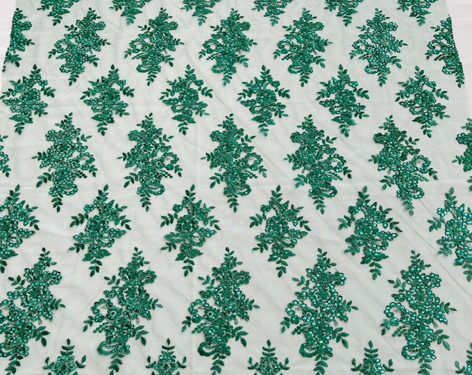 Hunter Green Floral Lace Fabric - by the yard - Embroidery With Sequins on a Mesh Lace Fabric For Wedding-Bridal