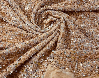 Champagne Sequin Velvet Fabric: 2-Way Stretch Velvet - By The Yard