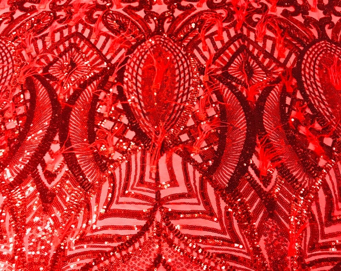 Luxury Feather Sequins - Red - 4 Way Stretch Glamorous Fringe Feather Sequins Fabric Spandex Mesh-Prom-Gown By The Yard