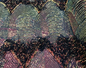 Rainbow Fringe Sequins Fabric: Embroidered Black Mesh, 4-Way Stretch