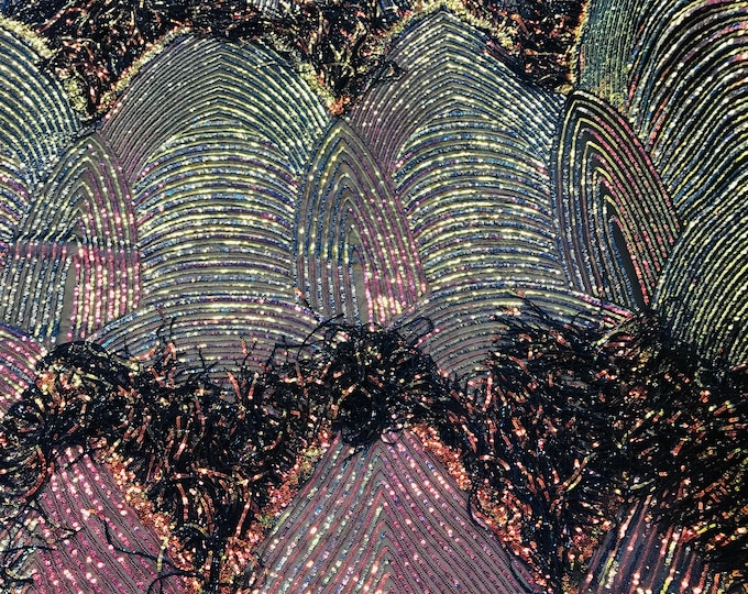 Iridescent Rainbow Fringe Sequins on Black Mesh, Fringe Design Embroidered on a Mesh 4way Stretch Fancy Sequin-Prom-Gown( Choose The Size )
