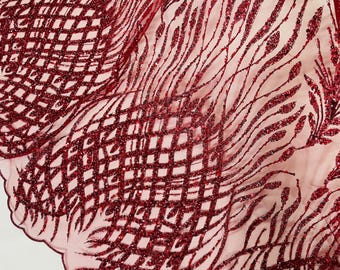 Burgundy Beaded Fabric: Damask Sequin Appliqué Lace - By The Yard