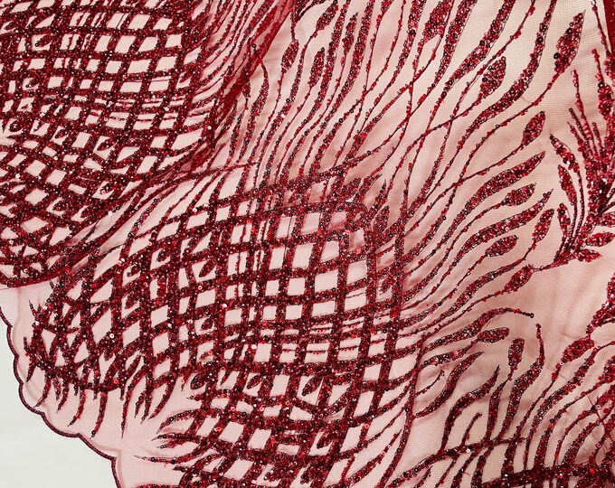 Burgundy Beaded Fabric by the yard, Bridal Heavy beaded, Damask Pattern With Beads and Sequin, Appliqué lace bridals,weddings,prom dress
