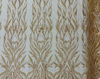 Rose Gold Beaded Fabric by the yard, Damask Design Embroidered With Beaded Sequin on Nude Mesh, Floral Wedding Lace Fabric (Pick a size )