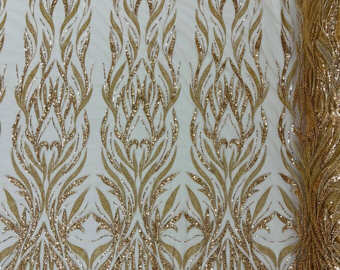 Rose Gold Beaded Fabric by the yard, Damask Design Embroidered With Beaded Sequin on Nude Mesh, Floral Wedding Lace Fabric (Pick a size )