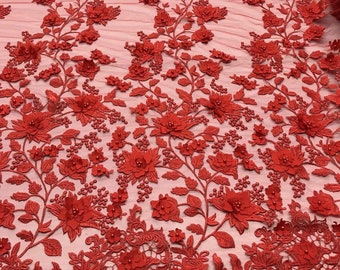 Red 3D Floral Design Embroider and Beaded With Pearls On a Mesh Lace-Prom-Dresses-Nightgown-Apparel-Fashion By The Yard