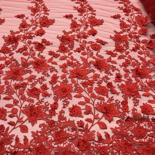 3D Floral Design Embroider and Beaded With Rhinestones on a Mesh Lace-Prom-Fashion-Sold by Yard. Red main image 0