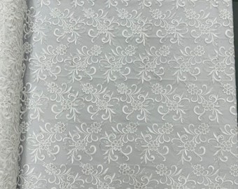 White Floral Sequined Lace Fabric, Bridal Gown Mesh, by the Yard